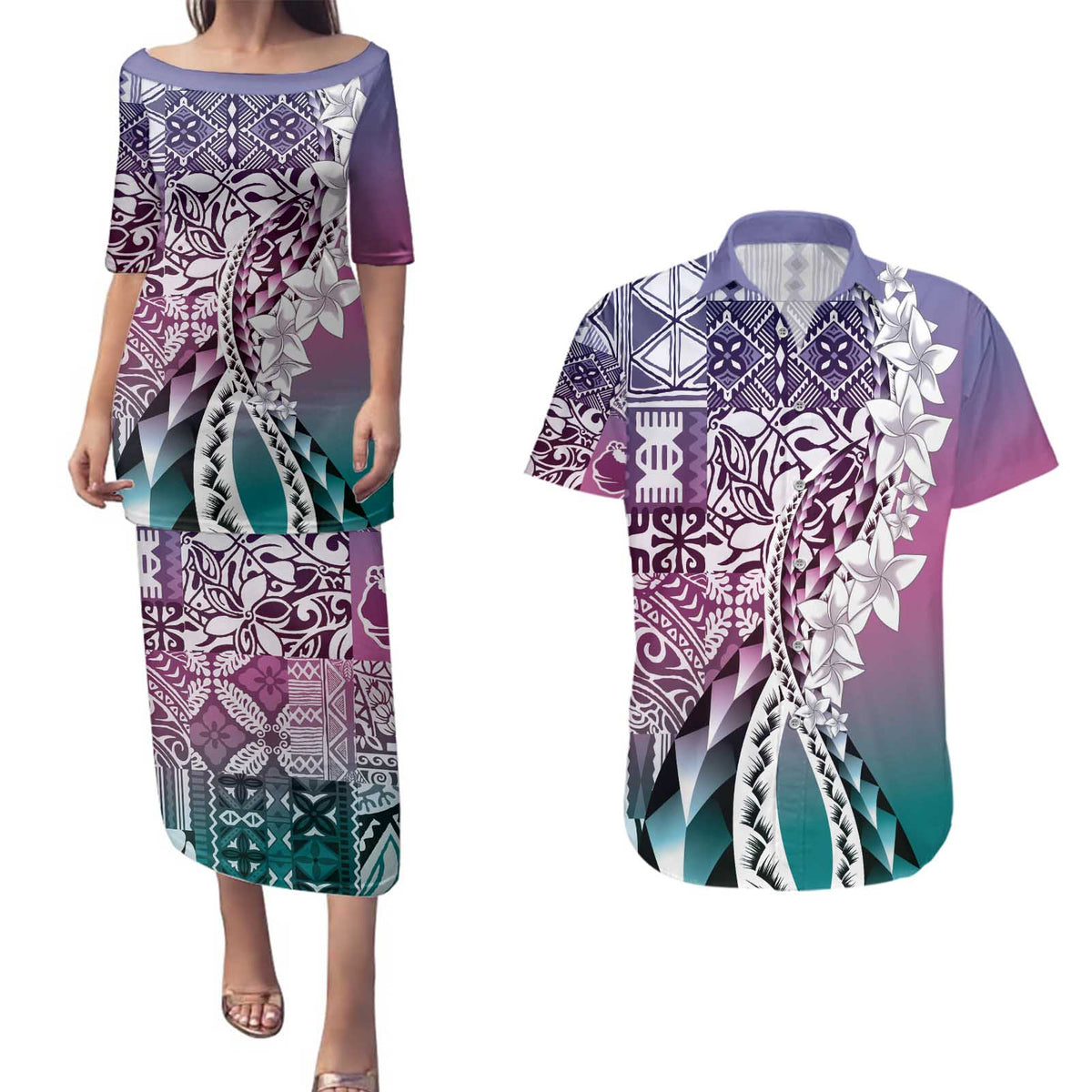 Aloha Vintage Plumeria Hawaiian Tapa Pattern Couples Matching Puletasi and Hawaiian Shirt Gradient Hawaiian Tapa Pattern - Polynesian Pride