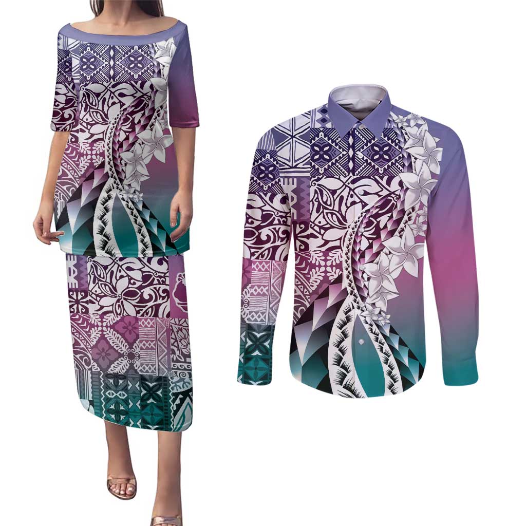 Aloha Vintage Plumeria Hawaiian Tapa Pattern Couples Matching Puletasi and Long Sleeve Button Shirt Gradient Hawaiian Tapa Pattern - Polynesian Pride