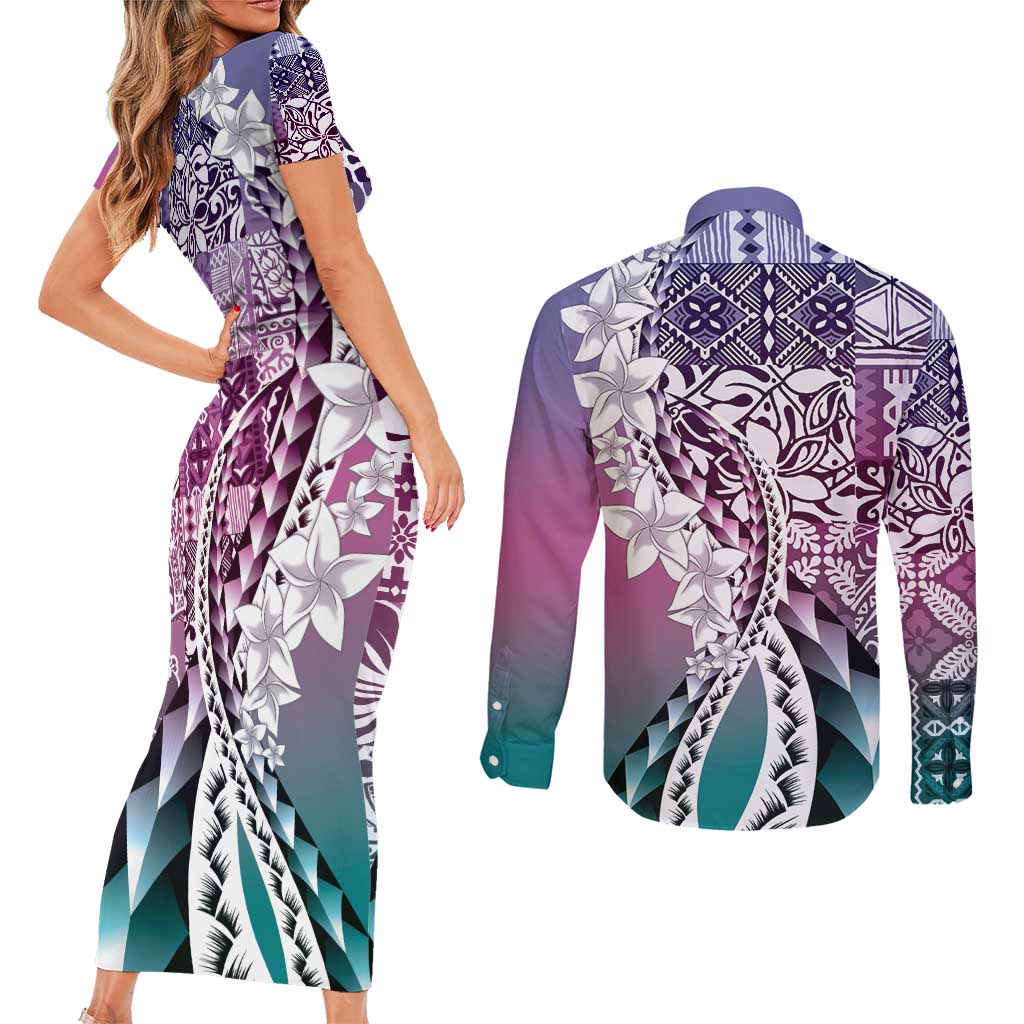 Aloha Vintage Plumeria Hawaiian Tapa Pattern Couples Matching Short Sleeve Bodycon Dress and Long Sleeve Button Shirt Gradient Hawaiian Tapa Pattern - Polynesian Pride
