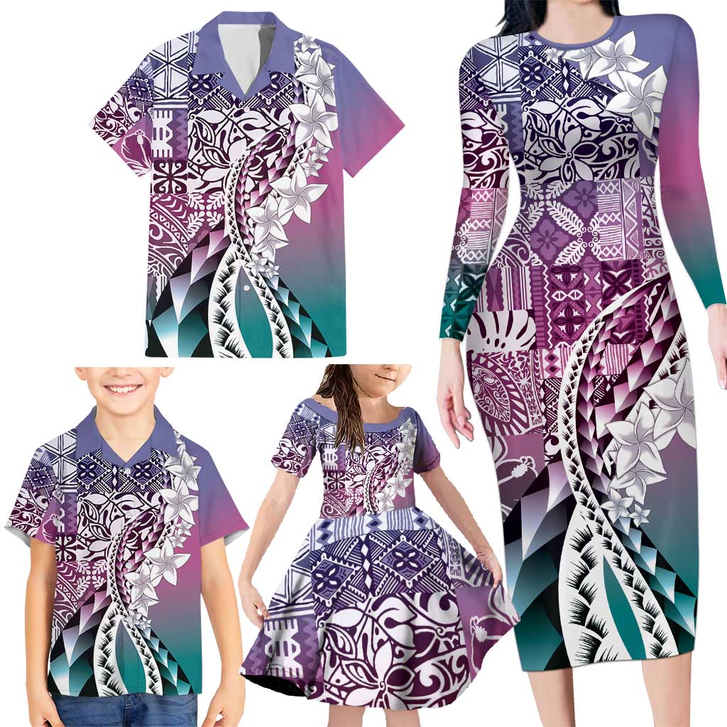 Aloha Vintage Plumeria Hawaiian Tapa Pattern Family Matching Long Sleeve Bodycon Dress and Hawaiian Shirt Gradient Hawaiian Tapa Pattern LT9 - Polynesian Pride