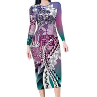 Aloha Vintage Plumeria Hawaiian Tapa Pattern Family Matching Long Sleeve Bodycon Dress and Hawaiian Shirt Gradient Hawaiian Tapa Pattern LT9 Mom's Dress Gradient - Polynesian Pride