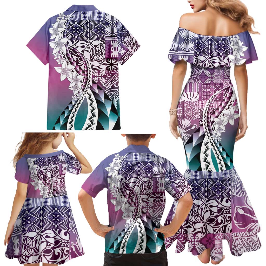 Aloha Vintage Plumeria Hawaiian Tapa Pattern Family Matching Mermaid Dress and Hawaiian Shirt Gradient Hawaiian Tapa Pattern LT9 - Polynesian Pride