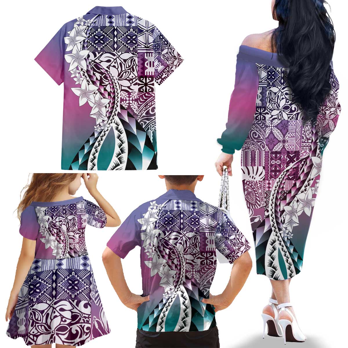 Aloha Vintage Plumeria Hawaiian Tapa Pattern Family Matching Off The Shoulder Long Sleeve Dress and Hawaiian Shirt Gradient Hawaiian Tapa Pattern - Polynesian Pride