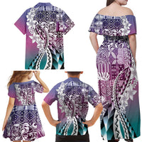 Aloha Vintage Plumeria Hawaiian Tapa Pattern Family Matching Off Shoulder Maxi Dress and Hawaiian Shirt Gradient Hawaiian Tapa Pattern - Polynesian Pride