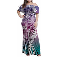 Aloha Vintage Plumeria Hawaiian Tapa Pattern Family Matching Off Shoulder Maxi Dress and Hawaiian Shirt Gradient Hawaiian Tapa Pattern - Polynesian Pride