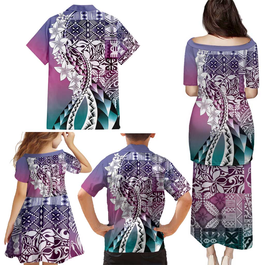 Aloha Vintage Plumeria Hawaiian Tapa Pattern Family Matching Puletasi and Hawaiian Shirt Gradient Hawaiian Tapa Pattern - Polynesian Pride
