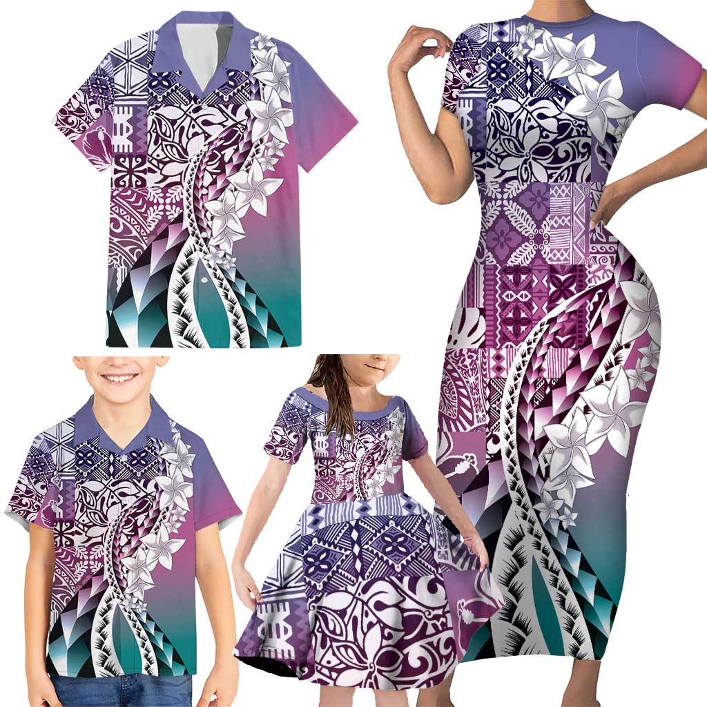 Aloha Vintage Plumeria Hawaiian Tapa Pattern Family Matching Short Sleeve Bodycon Dress and Hawaiian Shirt Gradient Hawaiian Tapa Pattern - Polynesian Pride