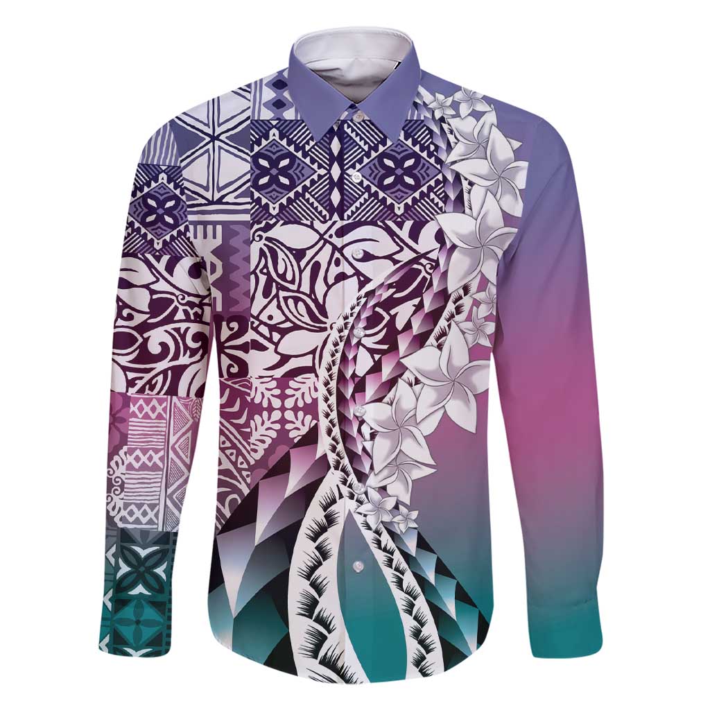 Aloha Vintage Plumeria Hawaiian Tapa Pattern Family Matching Short Sleeve Bodycon Dress and Hawaiian Shirt Gradient Hawaiian Tapa Pattern LT9 Dad's Shirt - Long Sleeve Gradient - Polynesian Pride