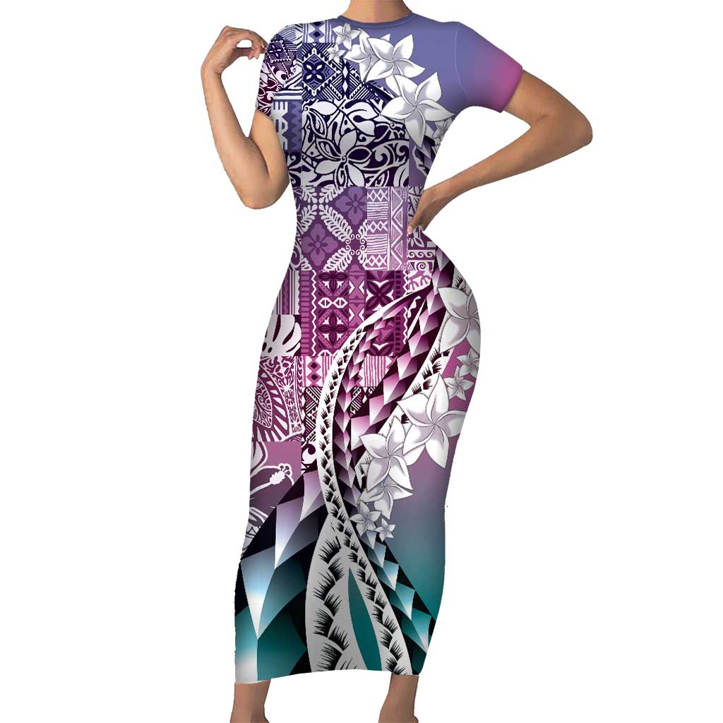Aloha Vintage Plumeria Hawaiian Tapa Pattern Family Matching Short Sleeve Bodycon Dress and Hawaiian Shirt Gradient Hawaiian Tapa Pattern LT9 Mom's Dress Gradient - Polynesian Pride