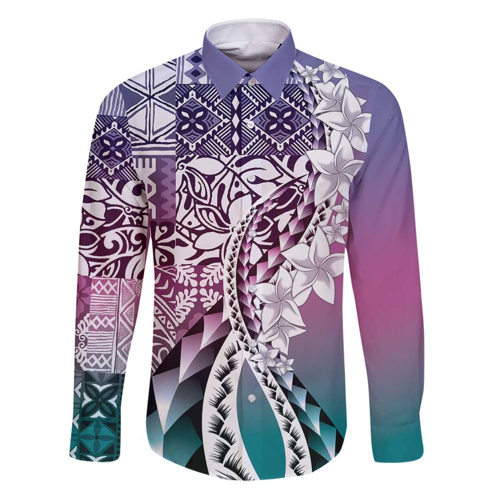 Aloha Vintage Plumeria Hawaiian Tapa Pattern Family Matching Tank Maxi Dress and Hawaiian Shirt Gradient Hawaiian Tapa Pattern LT9 Dad's Shirt - Long Sleeve Gradient - Polynesian Pride