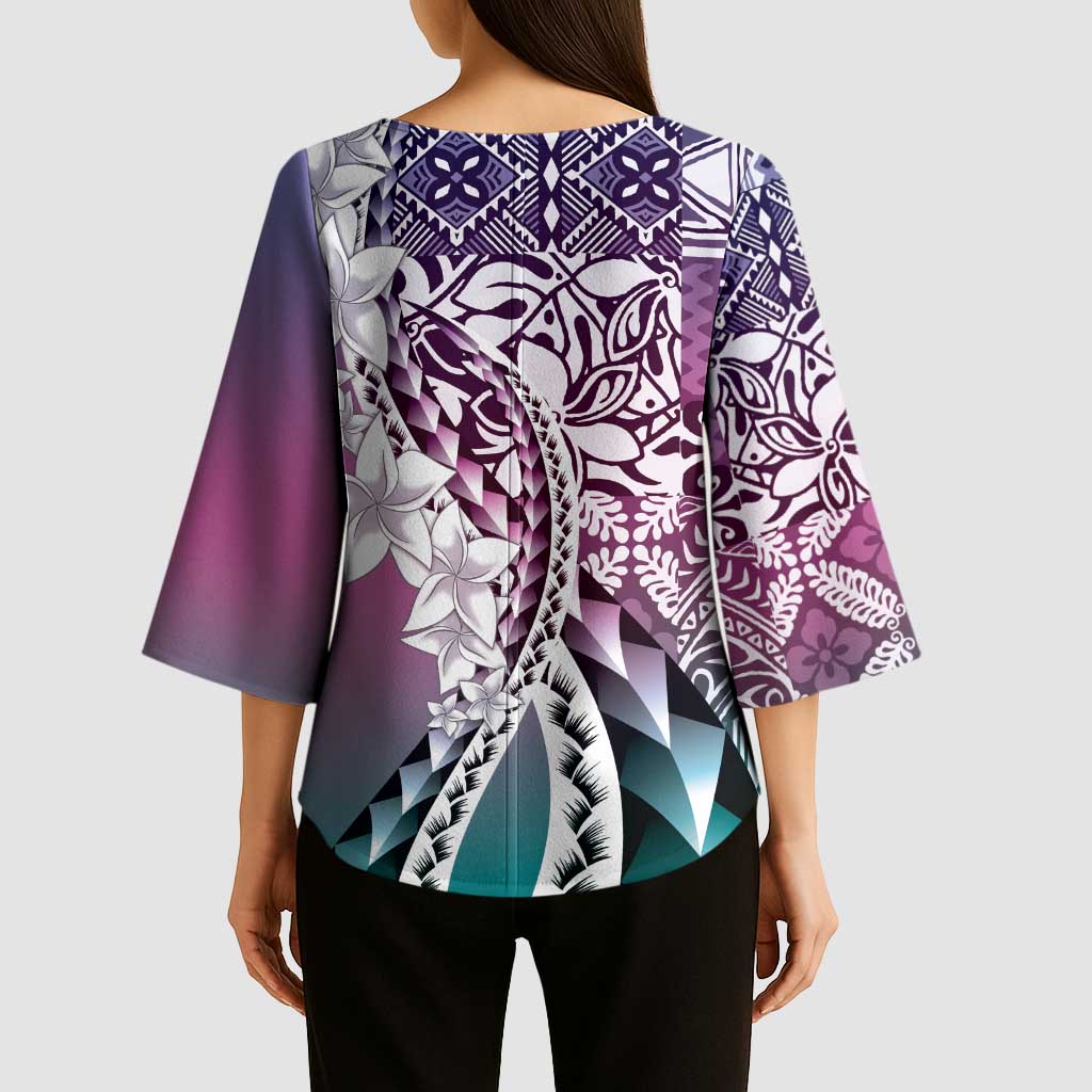 Aloha Vintage Plumeria Hawaiian Tapa Pattern Kimono Sleeve Blouse Gradient Hawaiian Tapa Pattern - Polynesian Pride