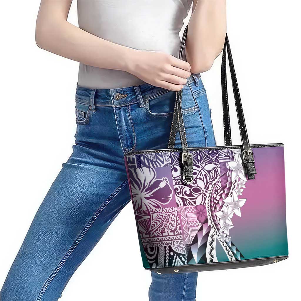 Aloha Vintage Plumeria Hawaiian Tapa Pattern Leather Tote Bag Gradient Hawaiian Tapa Pattern - Polynesian Pride