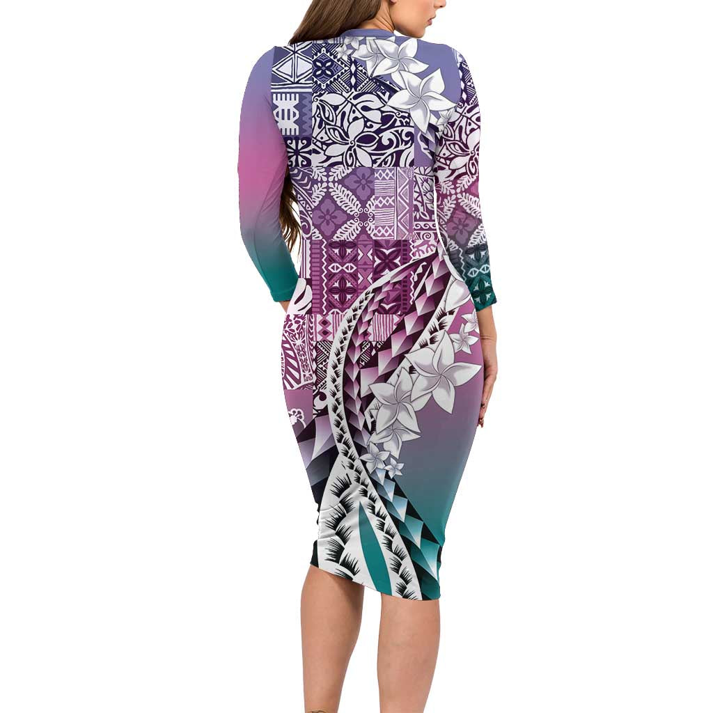 Aloha Vintage Plumeria Hawaiian Tapa Pattern Long Sleeve Bodycon Dress Gradient Hawaiian Tapa Pattern - Polynesian Pride