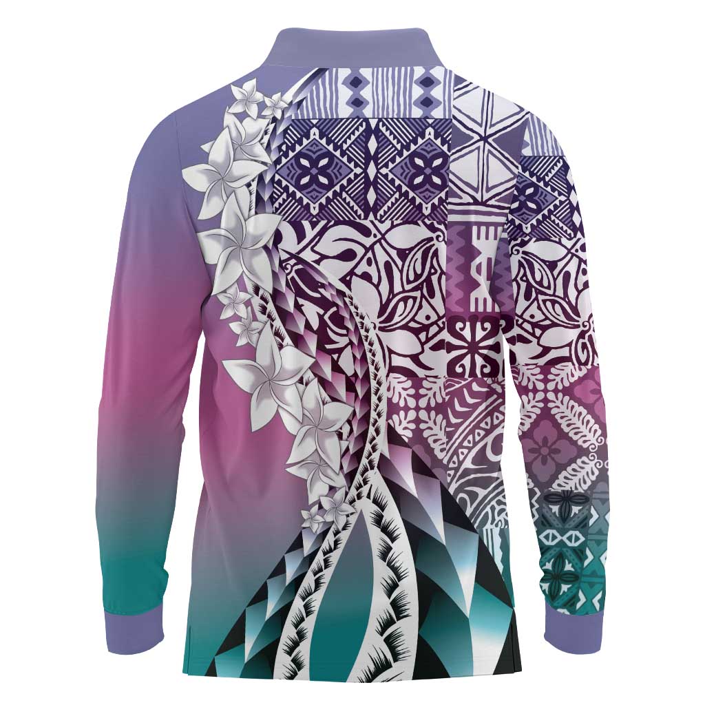 Aloha Vintage Plumeria Hawaiian Tapa Pattern Long Sleeve Polo Shirt Gradient Hawaiian Tapa Pattern - Polynesian Pride