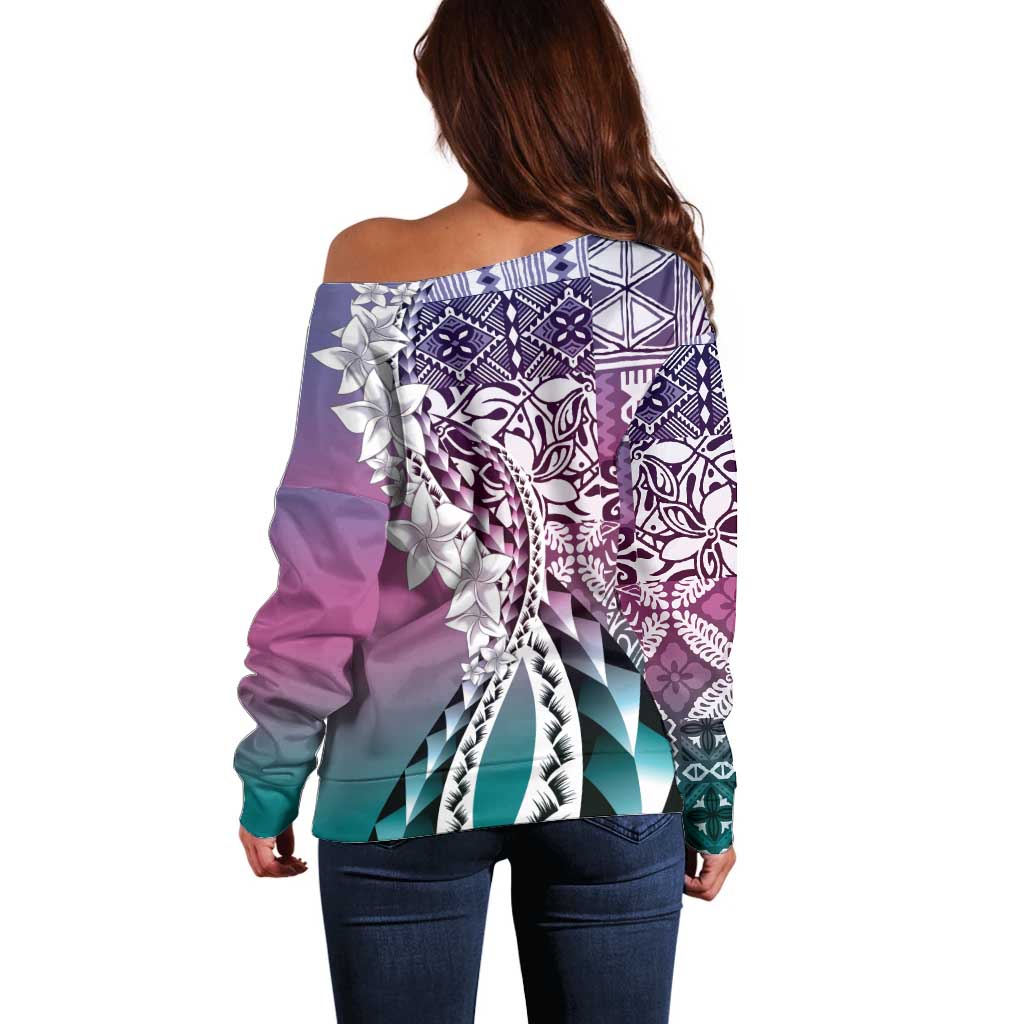 Aloha Vintage Plumeria Hawaiian Tapa Pattern Off Shoulder Sweater Gradient Hawaiian Tapa Pattern - Polynesian Pride