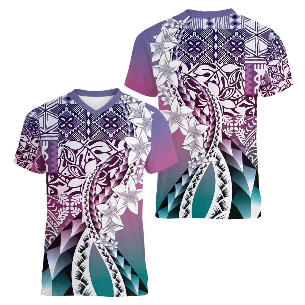 Aloha Vintage Plumeria Hawaiian Tapa Pattern Women V-Neck T-Shirt Gradient Hawaiian Tapa Pattern - Polynesian Pride