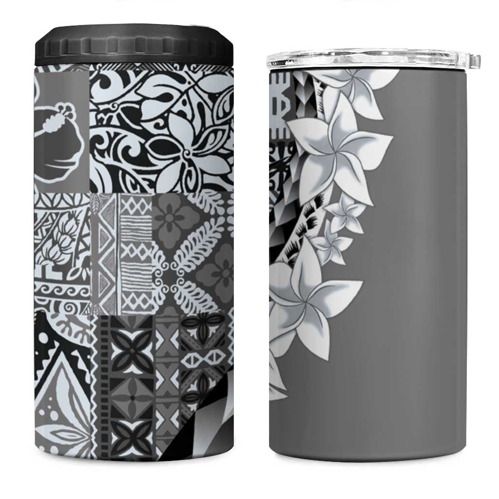 Aloha Vintage Plumeria Hawaiian Tapa Pattern 4 in 1 Can Cooler Tumbler Gray Hawaiian Tapa Pattern - Polynesian Pride