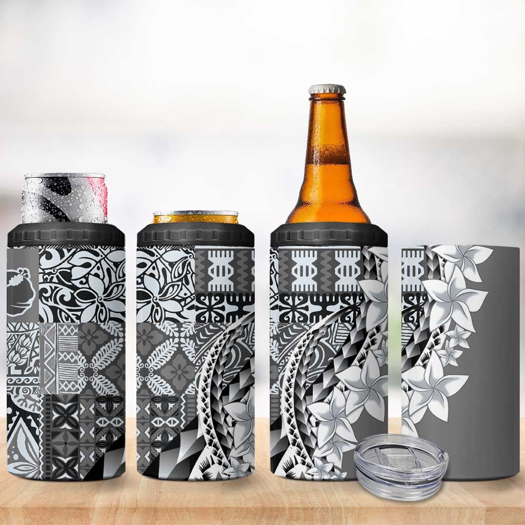 Aloha Vintage Plumeria Hawaiian Tapa Pattern 4 in 1 Can Cooler Tumbler Gray Hawaiian Tapa Pattern - Polynesian Pride