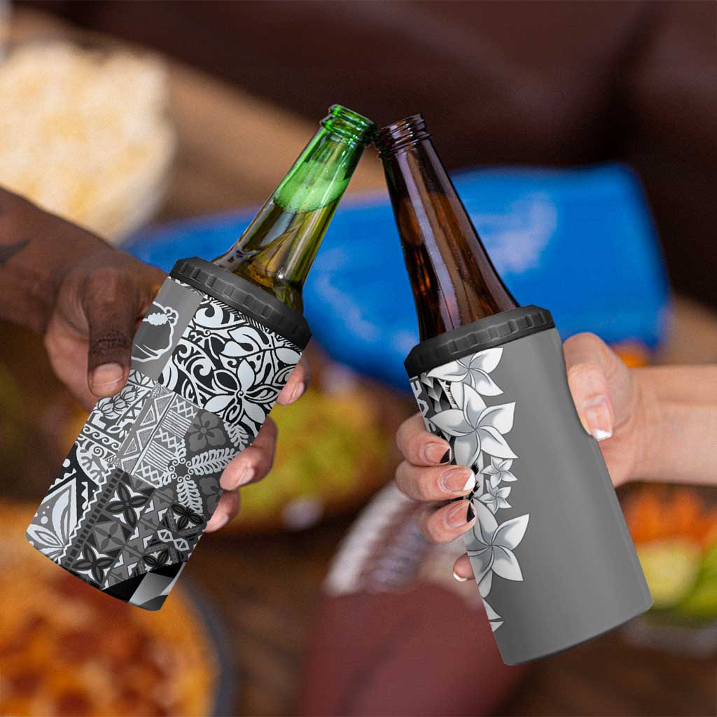 Aloha Vintage Plumeria Hawaiian Tapa Pattern 4 in 1 Can Cooler Tumbler Gray Hawaiian Tapa Pattern - Polynesian Pride