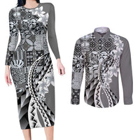 Aloha Vintage Plumeria Hawaiian Tapa Pattern Couples Matching Long Sleeve Bodycon Dress and Long Sleeve Button Shirt Gray Hawaiian Tapa Pattern - Polynesian Pride