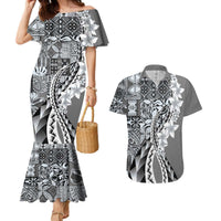Aloha Vintage Plumeria Hawaiian Tapa Pattern Couples Matching Mermaid Dress and Hawaiian Shirt Gray Hawaiian Tapa Pattern LT9 Gray - Polynesian Pride