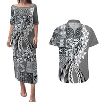 Aloha Vintage Plumeria Hawaiian Tapa Pattern Couples Matching Puletasi and Hawaiian Shirt Gray Hawaiian Tapa Pattern - Polynesian Pride