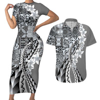 Aloha Vintage Plumeria Hawaiian Tapa Pattern Couples Matching Short Sleeve Bodycon Dress and Hawaiian Shirt Gray Hawaiian Tapa Pattern LT9 Gray - Polynesian Pride