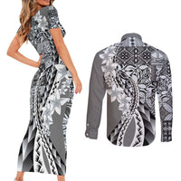 Aloha Vintage Plumeria Hawaiian Tapa Pattern Couples Matching Short Sleeve Bodycon Dress and Long Sleeve Button Shirt Gray Hawaiian Tapa Pattern - Polynesian Pride