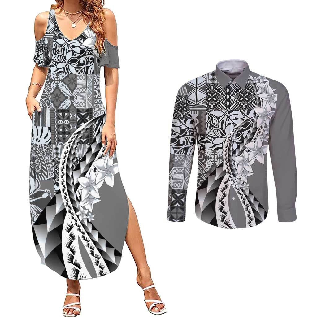 Aloha Vintage Plumeria Hawaiian Tapa Pattern Couples Matching Summer Maxi Dress and Long Sleeve Button Shirt Gray Hawaiian Tapa Pattern - Polynesian Pride