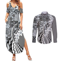 Aloha Vintage Plumeria Hawaiian Tapa Pattern Couples Matching Summer Maxi Dress and Long Sleeve Button Shirt Gray Hawaiian Tapa Pattern - Polynesian Pride