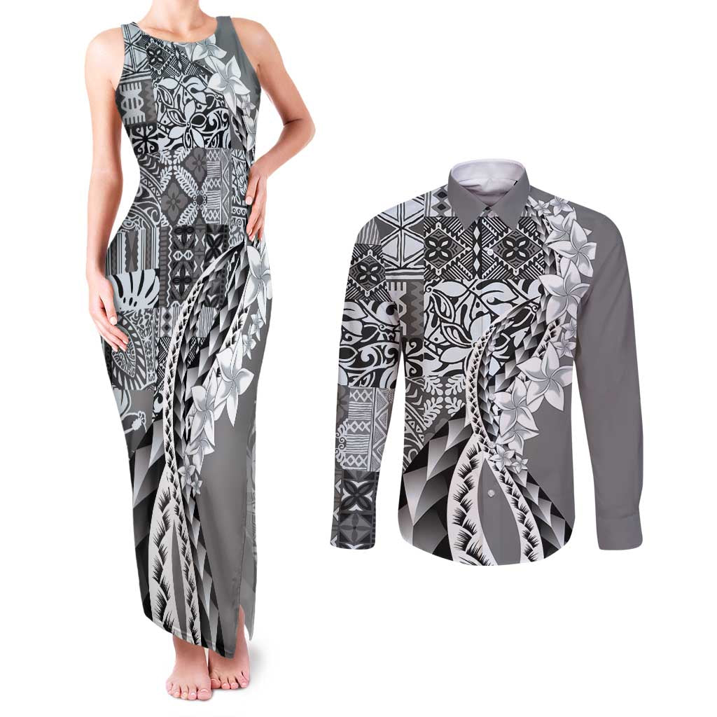 Aloha Vintage Plumeria Hawaiian Tapa Pattern Couples Matching Tank Maxi Dress and Long Sleeve Button Shirt Gray Hawaiian Tapa Pattern - Polynesian Pride