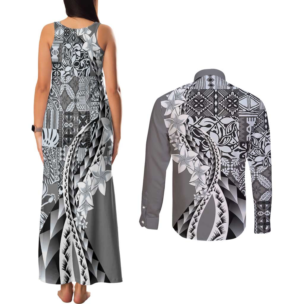 Aloha Vintage Plumeria Hawaiian Tapa Pattern Couples Matching Tank Maxi Dress and Long Sleeve Button Shirt Gray Hawaiian Tapa Pattern - Polynesian Pride