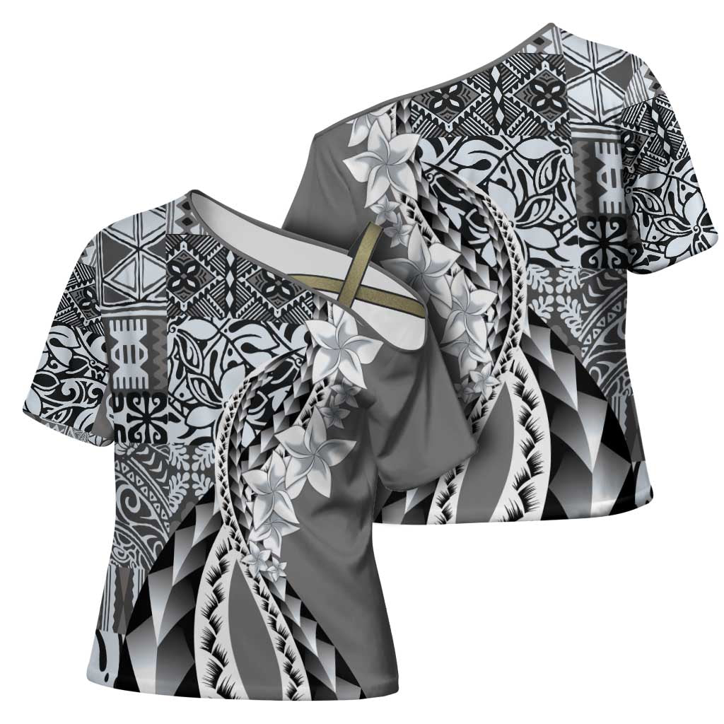Aloha Vintage Plumeria Hawaiian Tapa Pattern Cross Shoulder Shirt Gray Hawaiian Tapa Pattern - Polynesian Pride