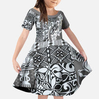 Aloha Vintage Plumeria Hawaiian Tapa Pattern Family Matching Long Sleeve Bodycon Dress and Hawaiian Shirt Gray Hawaiian Tapa Pattern LT9 Daughter's Dress Gray - Polynesian Pride