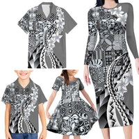 Aloha Vintage Plumeria Hawaiian Tapa Pattern Family Matching Long Sleeve Bodycon Dress and Hawaiian Shirt Gray Hawaiian Tapa Pattern LT9 - Polynesian Pride