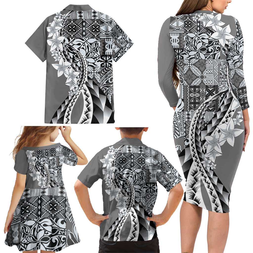 Aloha Vintage Plumeria Hawaiian Tapa Pattern Family Matching Long Sleeve Bodycon Dress and Hawaiian Shirt Gray Hawaiian Tapa Pattern LT9 - Polynesian Pride