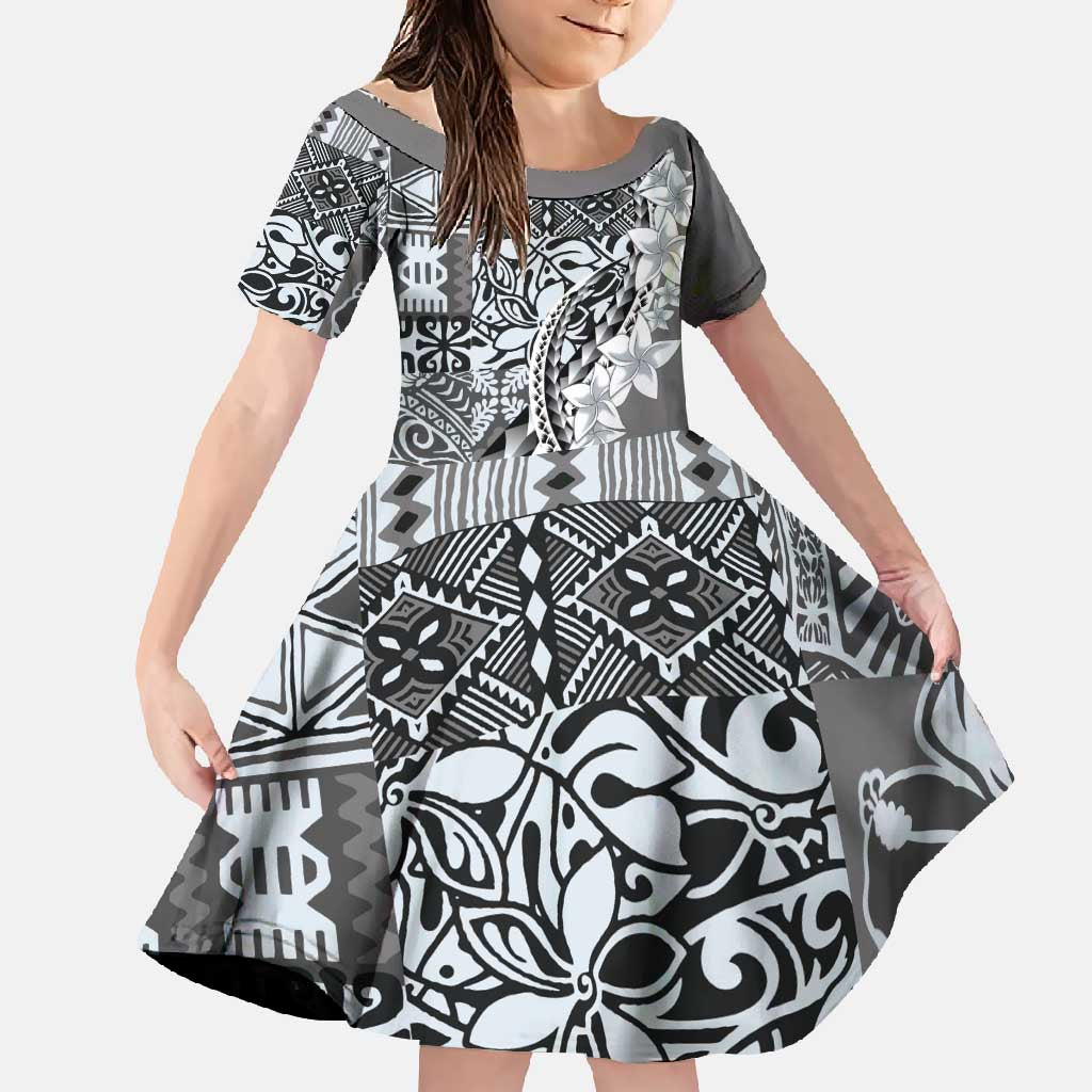 Aloha Vintage Plumeria Hawaiian Tapa Pattern Family Matching Mermaid Dress and Hawaiian Shirt Gray Hawaiian Tapa Pattern LT9 Daughter's Dress Gray - Polynesian Pride