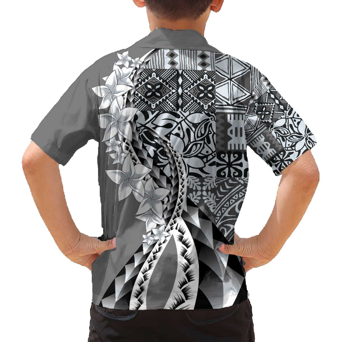 Aloha Vintage Plumeria Hawaiian Tapa Pattern Family Matching Off The Shoulder Long Sleeve Dress and Hawaiian Shirt Gray Hawaiian Tapa Pattern - Polynesian Pride