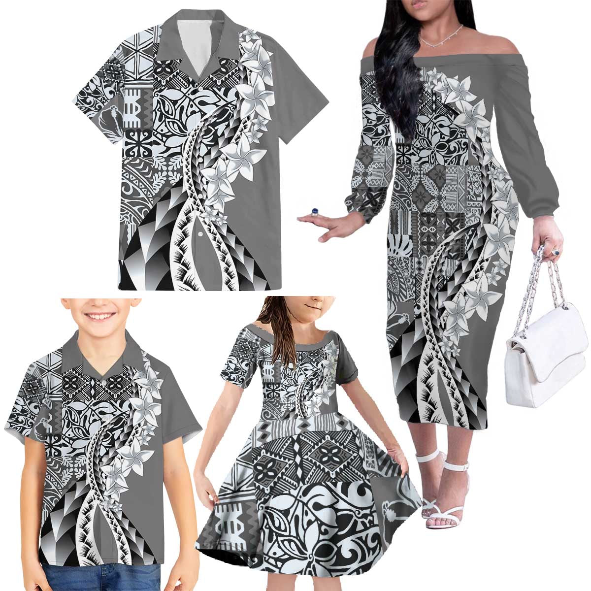 Aloha Vintage Plumeria Hawaiian Tapa Pattern Family Matching Off The Shoulder Long Sleeve Dress and Hawaiian Shirt Gray Hawaiian Tapa Pattern - Polynesian Pride