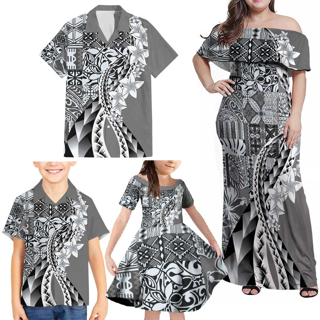 Aloha Vintage Plumeria Hawaiian Tapa Pattern Family Matching Off Shoulder Maxi Dress and Hawaiian Shirt Gray Hawaiian Tapa Pattern - Polynesian Pride