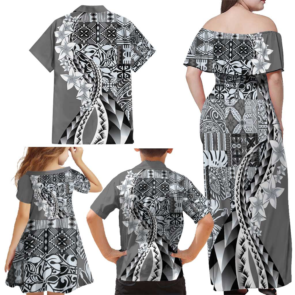 Aloha Vintage Plumeria Hawaiian Tapa Pattern Family Matching Off Shoulder Maxi Dress and Hawaiian Shirt Gray Hawaiian Tapa Pattern - Polynesian Pride