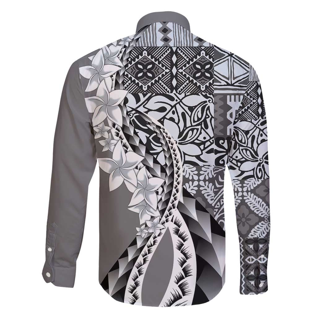 Aloha Vintage Plumeria Hawaiian Tapa Pattern Family Matching Off Shoulder Maxi Dress and Hawaiian Shirt Gray Hawaiian Tapa Pattern - Polynesian Pride