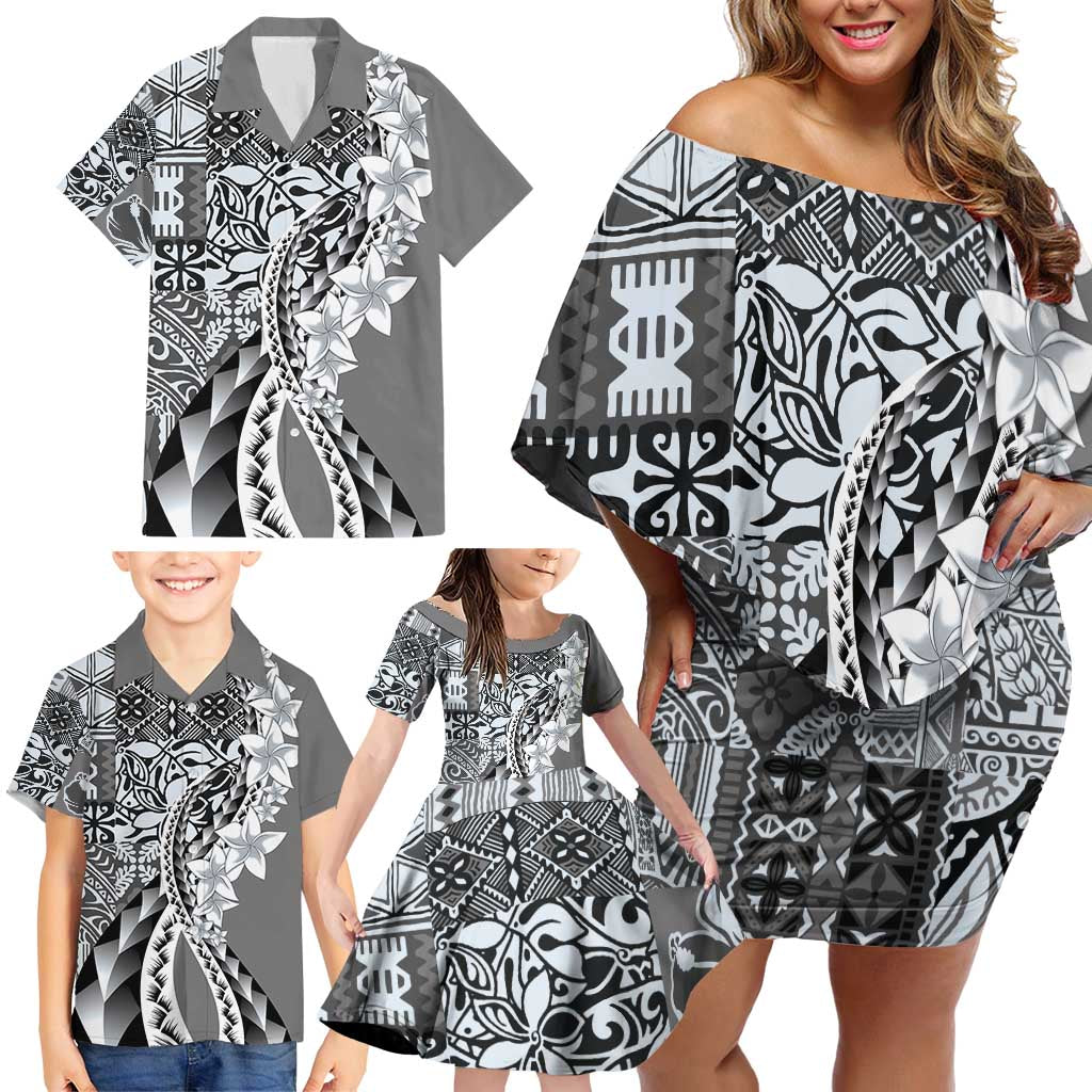Aloha Vintage Plumeria Hawaiian Tapa Pattern Family Matching Off Shoulder Short Dress and Hawaiian Shirt Gray Hawaiian Tapa Pattern - Polynesian Pride