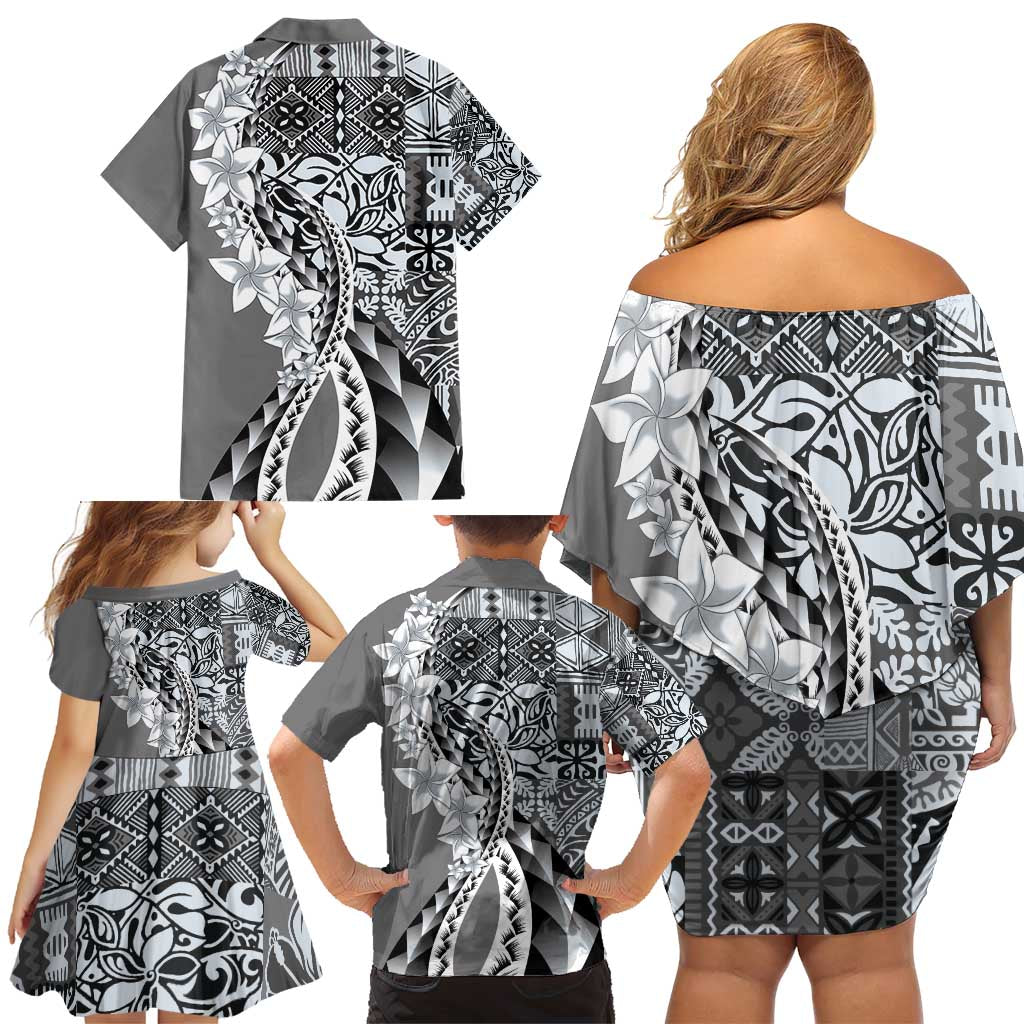 Aloha Vintage Plumeria Hawaiian Tapa Pattern Family Matching Off Shoulder Short Dress and Hawaiian Shirt Gray Hawaiian Tapa Pattern - Polynesian Pride