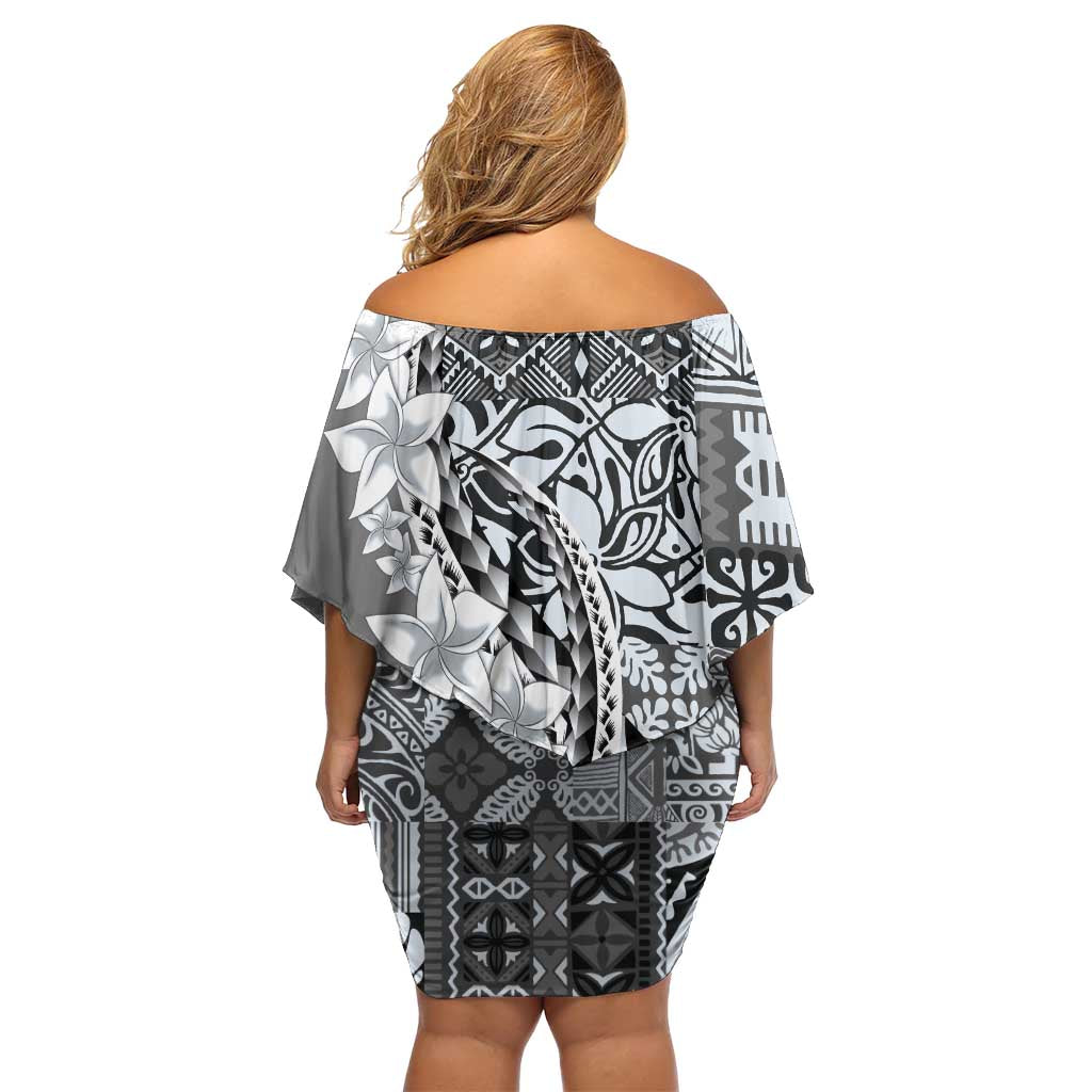 Aloha Vintage Plumeria Hawaiian Tapa Pattern Family Matching Off Shoulder Short Dress and Hawaiian Shirt Gray Hawaiian Tapa Pattern - Polynesian Pride