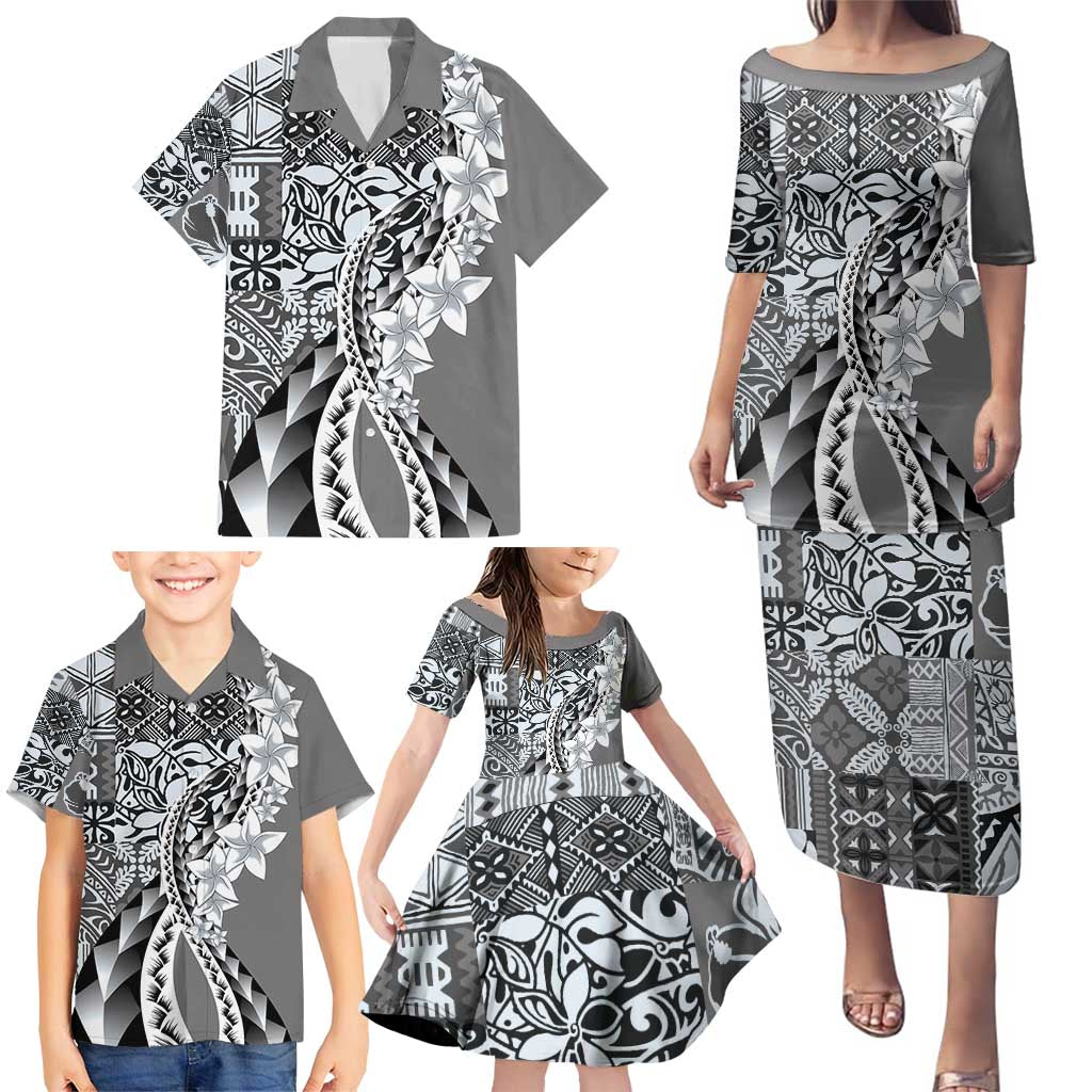 Aloha Vintage Plumeria Hawaiian Tapa Pattern Family Matching Puletasi and Hawaiian Shirt Gray Hawaiian Tapa Pattern LT9 - Polynesian Pride