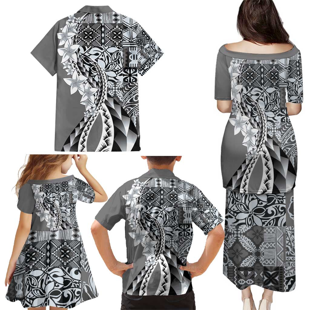 Aloha Vintage Plumeria Hawaiian Tapa Pattern Family Matching Puletasi and Hawaiian Shirt Gray Hawaiian Tapa Pattern LT9 - Polynesian Pride
