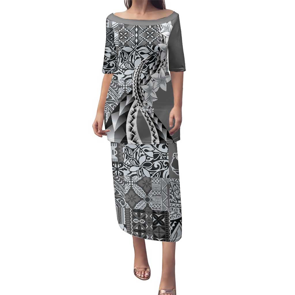Aloha Vintage Plumeria Hawaiian Tapa Pattern Family Matching Puletasi and Hawaiian Shirt Gray Hawaiian Tapa Pattern LT9 Mom's Dress Gray - Polynesian Pride