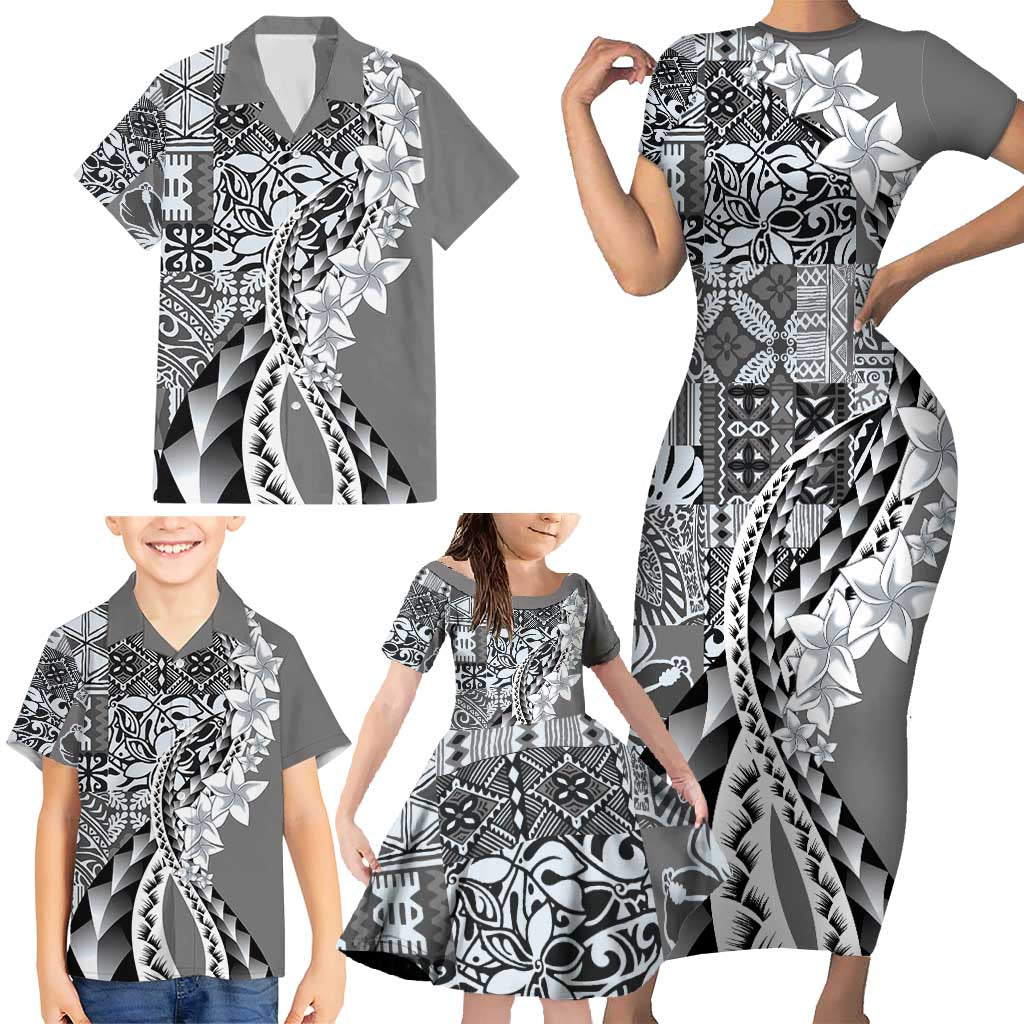 Aloha Vintage Plumeria Hawaiian Tapa Pattern Family Matching Short Sleeve Bodycon Dress and Hawaiian Shirt Gray Hawaiian Tapa Pattern - Polynesian Pride