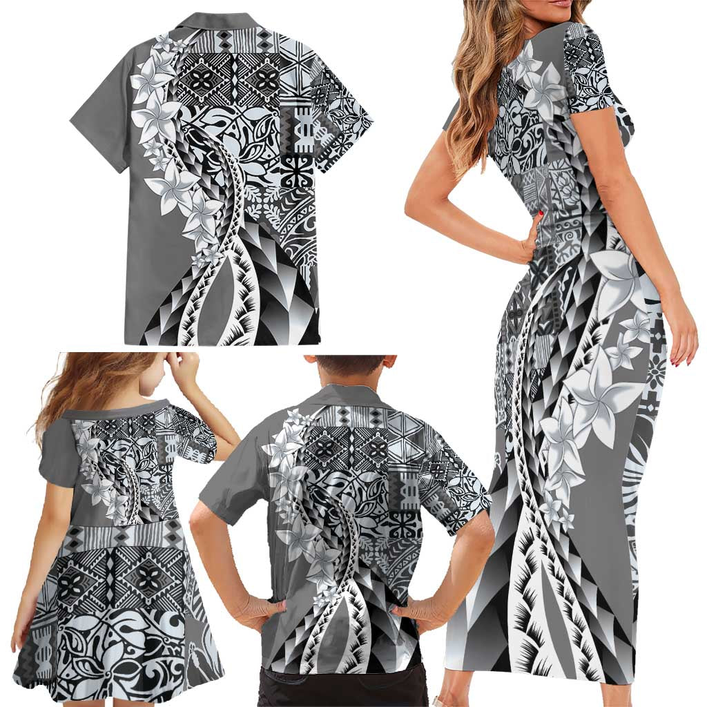 Aloha Vintage Plumeria Hawaiian Tapa Pattern Family Matching Short Sleeve Bodycon Dress and Hawaiian Shirt Gray Hawaiian Tapa Pattern LT9 - Polynesian Pride